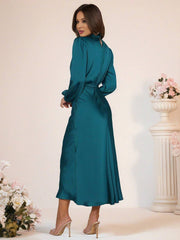 Inrosy robe longue en satin col roulé manches longues femme élégant invité mariage de fete de soirée cérémonie