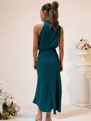 Inrosy robe demoiselle d'honneur en satin irrégulière col roulé licou sans manches femme élégant de soirée pour mariage