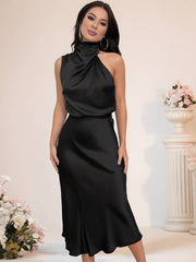 Inrosy robe demoiselle d'honneur en satin irrégulière col roulé licou sans manches femme élégant de soirée pour mariage