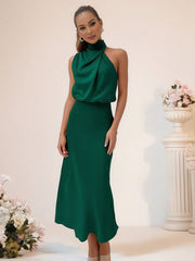 Inrosy robe demoiselle d'honneur en satin irrégulière col roulé licou sans manches femme élégant de soirée pour mariage