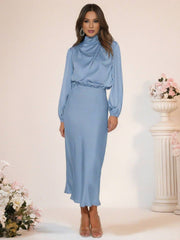 Inrosy robe longue en satin col roulé manches longues femme élégant invité mariage de fete de soirée cérémonie