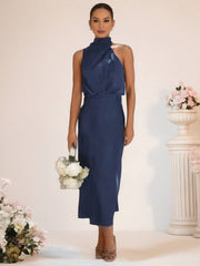 Inrosy robe demoiselle d'honneur en satin irrégulière col roulé licou sans manches femme élégant de soirée pour mariage