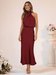 Inrosy robe demoiselle d'honneur en satin irrégulière col roulé licou sans manches femme élégant de soirée pour mariage