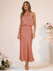 Inrosy robe demoiselle d'honneur en satin irrégulière col roulé licou sans manches femme élégant de soirée pour mariage