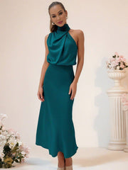 Inrosy robe demoiselle d'honneur en satin irrégulière col roulé licou sans manches femme élégant de soirée pour mariage