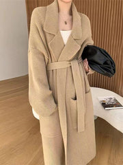 Inrosy mi-longue manteau gilet en maille ceinture poches col revers manches longues femme oversized vintage cardigans automne