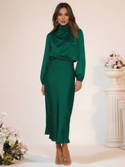 Inrosy robe longue en satin col roulé manches longues femme élégant invité mariage de fete de soirée cérémonie