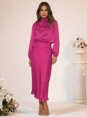 Inrosy robe longue en satin col roulé manches longues femme élégant invité mariage de fete de soirée cérémonie