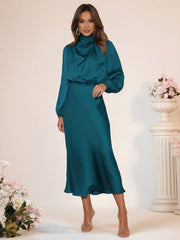 Inrosy robe longue en satin col roulé manches longues femme élégant invité mariage de fete de soirée cérémonie