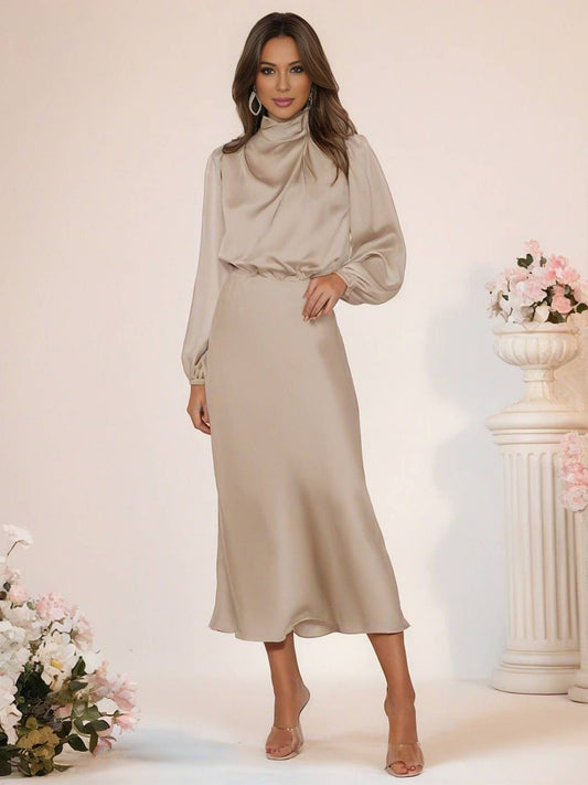 Inrosy robe longue en satin col roulé manches longues femme élégant invité mariage de fete de soirée cérémonie