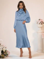 Inrosy robe longue en satin col roulé manches longues femme élégant invité mariage de fete de soirée cérémonie