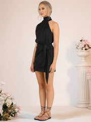 Inrosy robe courte irrégulière col roulé licou ceinture sans manches femme élégant invité mariage de cocktail