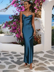 Inrosy robe demoiselle d'honneur satin moulante dos nu à fines brides sans manches élégant femme de soirée