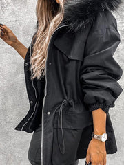 Inrosy mi-longue parka avec fausse fourrure col à capuche boutons poches fermeture éclair hiver femme oversized décontracté veste