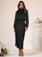 Inrosy robe longue en satin col roulé manches longues femme élégant invité mariage de fete de soirée cérémonie