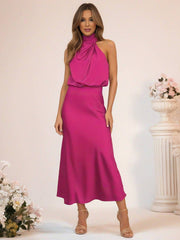 Inrosy robe demoiselle d'honneur en satin irrégulière col roulé licou sans manches femme élégant de soirée pour mariage