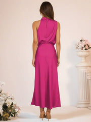 Inrosy robe demoiselle d'honneur en satin irrégulière col roulé licou sans manches femme élégant de soirée pour mariage