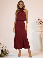 Inrosy robe demoiselle d'honneur en satin irrégulière col roulé licou sans manches femme élégant de soirée pour mariage