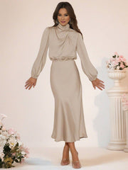 Inrosy robe longue en satin col roulé manches longues femme élégant invité mariage de fete de soirée cérémonie