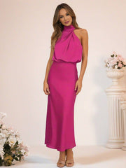 Inrosy robe demoiselle d'honneur en satin irrégulière col roulé licou sans manches femme élégant de soirée pour mariage