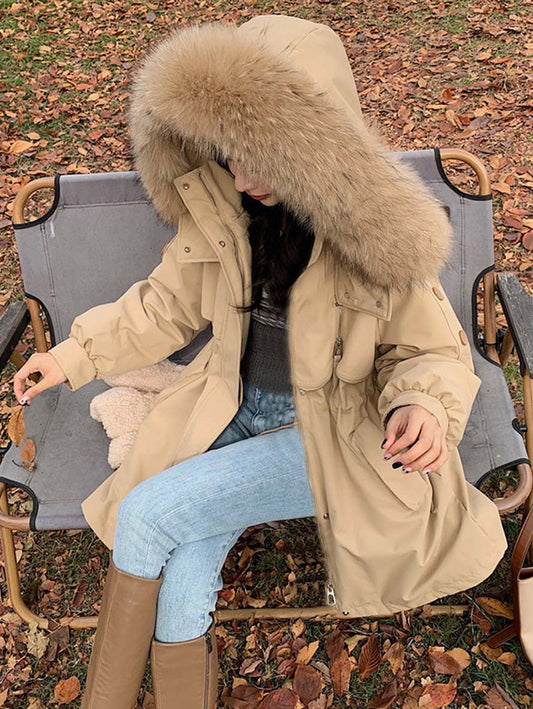 Inrosy mi-longue parka à capuche boutons poches fermeture éclair manches longues femme mode oversized décontracté hiver manteau
