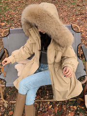 Inrosy mi-longue parka à capuche boutons poches fermeture éclair manches longues femme mode oversized décontracté hiver manteau
