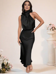 Inrosy robe demoiselle d'honneur en satin irrégulière col roulé licou sans manches femme élégant de soirée pour mariage