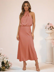 Inrosy robe demoiselle d'honneur en satin irrégulière col roulé licou sans manches femme élégant de soirée pour mariage