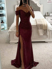 Inrosy robe longue bustier brillante paillette fendu le côté sirene col bateau sans manches femme élégant de soirée cérémonie