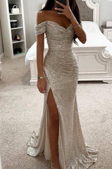 Inrosy robe longue bustier brillante paillette fendu le côté sirene col bateau sans manches femme élégant de soirée cérémonie