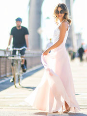Inrosy longue robe demoiselle d'honneur dentelle mousseline fluide col rond sans manches élégant rose et blanc