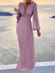 Inrosy robe longue brillante paillette v-cou manches longues élégant de soirée cérémonie