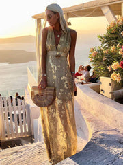 Inrosy robe longue bronzage brillante paillette v-cou sans manches élégant femme de soirée de plage