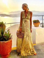 Inrosy robe longue bronzage brillante paillette v-cou sans manches élégant femme de soirée de plage