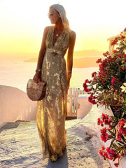 Inrosy robe longue bronzage brillante paillette v-cou sans manches élégant femme de soirée de plage
