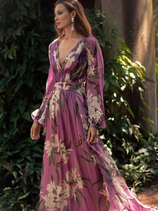 Inrosy robe longue imprimé fleurie fluide v-cou manches longues femme élégant violet