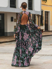 Inrosy robe longue en mousseline imprimé à fleurie dos nu col rond manches longues femme élégant mode noir