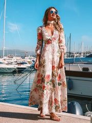 Inrosy robe longue imprimé à fleurie v-cou boutons manches longues femme bohème élégant invité mariage blanche