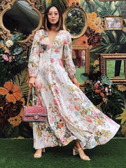 Inrosy robe longue imprimé à fleurie v-cou boutons manches longues femme bohème élégant invité mariage blanche
