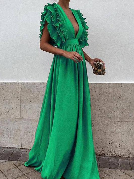 Inrosy robe longue à volantée décolleté plongeant fluide manches courtes femme bohème élégant de soirée