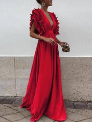 Inrosy robe longue à volantée décolleté plongeant fluide manches courtes femme bohème élégant de soirée