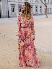 Inrosy robe longue imprimé à fleurie fluide v-cou sans manches femme décontracté rose
