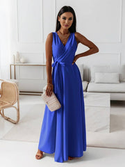 Inrosy robe longue bretelle v-cou fluide noeud papillon ceinture sans manches femme élégant bal de promo