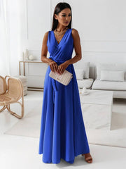 Inrosy robe longue bretelle v-cou fluide noeud papillon ceinture sans manches femme élégant bal de promo