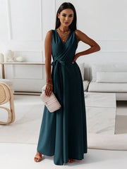Inrosy robe longue bretelle v-cou fluide noeud papillon ceinture sans manches femme élégant bal de promo