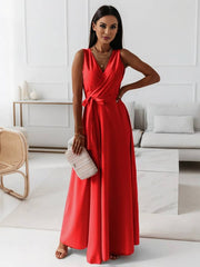 Inrosy robe longue bretelle v-cou fluide noeud papillon ceinture sans manches femme élégant bal de promo