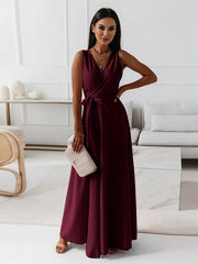 Inrosy robe longue bretelle v-cou fluide noeud papillon ceinture sans manches femme élégant bal de promo