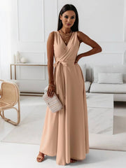 Inrosy robe longue bretelle v-cou fluide noeud papillon ceinture sans manches femme élégant bal de promo
