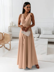 Inrosy robe longue bretelle v-cou fluide noeud papillon ceinture sans manches femme élégant bal de promo