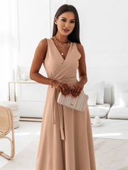 Inrosy robe longue bretelle v-cou fluide noeud papillon ceinture sans manches femme élégant bal de promo